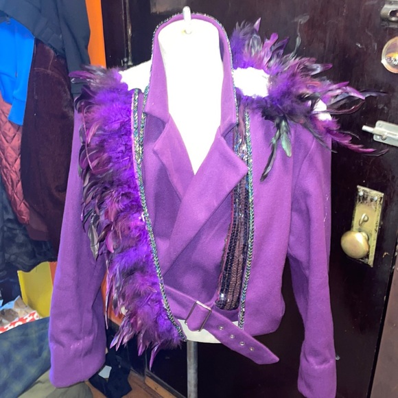 OOAK Purple Cropped Blazer, coat with feather and beaded appliqué detail - Picture 1 of 7
